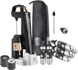 Weinsystem mit eleganter, moderner Optik, Kapseln und Zubehör in Schwarz-Silber-Tönen.