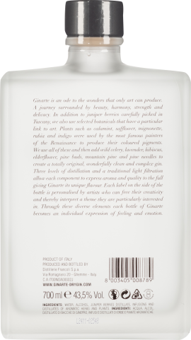 Flache, rechteckige Flasche mit schwarzem Verschluss und detailliertem Textetikett.