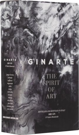 Schwarz-weiße, marmorierte Verpackung mit elegantem, künstlerischem Design.