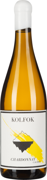 Klarglas-Weinflasche mit weißem Etikett, gelbem Design und schwarzem Logo.