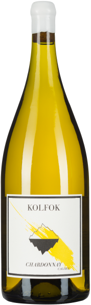 Große, gelbe Weinflasche mit weißem Etikett und schwarzem Bergmotiv.