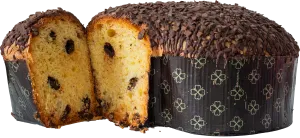 Großer, runder Kuchen mit Schokoladenstücken und reichhaltiger Kruste, schokoladenüberzogen.