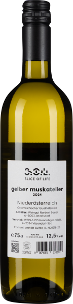 Klare Weißweinflasche mit schwarzem Schraubverschluss und schlichtem weißem Etikett.