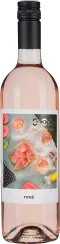 Durchsichtige Roséweinflasche mit bunt illustriertem Etikett und schwarzem Schraubverschluss.