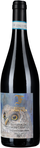 Dunkle Weinflasche mit kunstvollem Eulenetikett, blaue Halsbanderole.