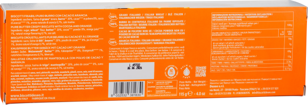 Orangefarbene Keksverpackung mit verschiedenen sprachlichen Zutatenangaben und Nährwertinformationen.
