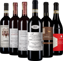 Sechs Barolo-Weinflaschen mit unterschiedlichen Etiketten und Farbakzenten, vor schwarzem Hintergrund.