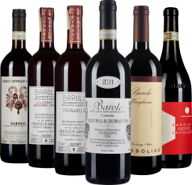 Sechser-Set Barolo-Weinflaschen mit eleganten Etiketten, schwarze und rote Farbtöne.
