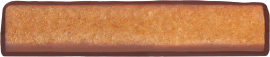 Riegel mit goldener, krümeliger Oberfläche und Schokoladenumrandung.