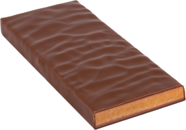 Schokoladenriegel mit welliger Oberfläche und sichtbarer Füllung im Anschnitt.