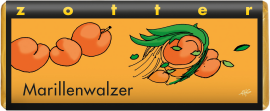 Orange Schokoladeverpackung mit illustrierten Marillen und grünen Blättern.
