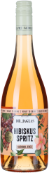 Klare Flasche mit rosafarbenem Getränk und floralen, fruchtigen Etikettendesign.