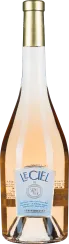 Roséweinflasche mit goldener Kapsel und blauem Etikett.