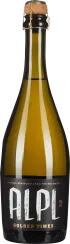 Braune Glasflasche mit schwarzem Etikett, handbeschrifteter Stil, Naturkorkenverschluss.