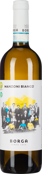 Weißweinflasche mit traditionellem Familienfoto und gelben Akzenten auf dem Etikett.