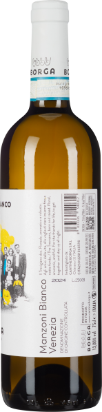 Weißweinflasche mit modernem, grafischem Etikett und Schraubverschluss.