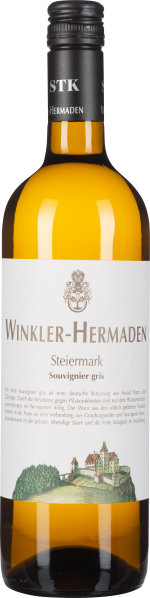 Klare weiße Weinflasche mit goldenem Inhalt und kunstvollem Etikett.