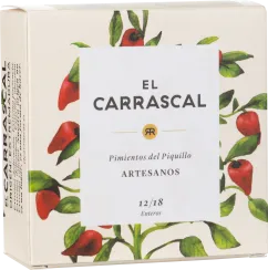 Beigefarbene Verpackung mit roter Paprika-Illustration und grünen Blättern.