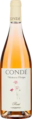 Roséweinflasche mit heller, lachsfarbener Flüssigkeit und floralem Etikettendruck.