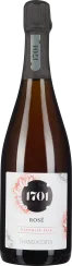 Transparente Flasche mit roséfarbenem Wein und elegantem schwarzen Etikett.