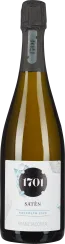 Champagnerflasche mit schwarzem Hals und Etikett in Weiß- und Blautönen.