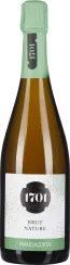 Grüne Sektflasche mit goldenem Inhalt und minimalistischen Etiketten.