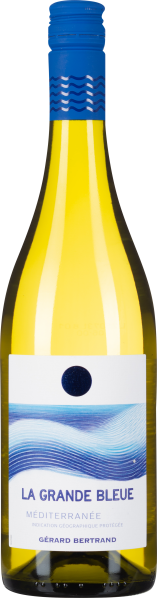 Weißweinflasche mit blauem Schraubverschluss und wellenförmigem Etikettendesign.