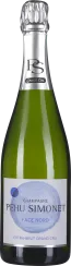 Grüne Sektflasche mit silberner Kappe und stilvollem Etikett.