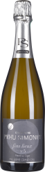 Champagnerflasche mit silberner Kapsel und dunklem Etikett auf transparentem Glas.