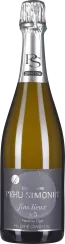Champagnerflasche mit silberner Kapsel und dunklem Etikett auf transparentem Glas.