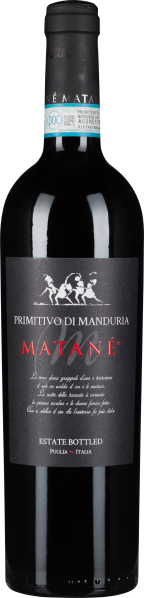 Schwarze Weinflasche mit elegantem Etikett, rote und weiße Schrift, italienisches Design.