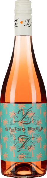 Roséweinflasche mit tropischem Palmenetikett und weißem Schraubverschluss.