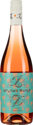 Roséweinflasche mit türkisfarbenem Etikett, verziert mit orangefarbenen Palmenmotiv.