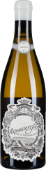 Goldene Weinflasche mit verziertem, floralem Etikett und weißem Verschluss.