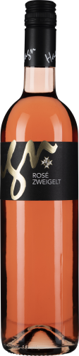 Klarer Roséwein in gold-beschrifteter Flasche mit schwarzem Schraubverschluss.