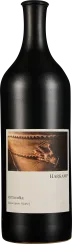 Schwarze Weinflasche mit matter Oberfläche, schlichtem, elegantem Design und einem rechteckigen Etikett. Das Etikett zeigt ein kunstvolles Foto eines in Terra-cotta gehaltenen Motivs.