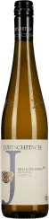 Transparente Weinflasche mit weißem Etikett und großem schwarzem Schraubverschluss; zeigt dezentes, modernes Design mit grauer und goldener Schrift auf hellem Hintergrund.