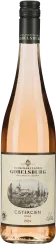 Eine schlanke Weinflasche mit einem zart roséfarbenen Inhalt, einem schwarzen Schraubverschluss und einem Etikett mit einem historischen Schlossmotiv in Schwarz-Weiß.