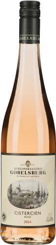 Eine schlanke Weinflasche mit einem zart roséfarbenen Inhalt, einem schwarzen Schraubverschluss und einem Etikett mit einem historischen Schlossmotiv in Schwarz-Weiß.