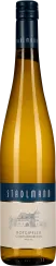 Eine langhalsige Flasche mit goldgelbem Wein und einem dunkelblauen Schraubverschluss. Das Etikett zeigt eine stilisierte Zeichnung eines Gebäudes und ist in Blau und Weiß gestaltet.