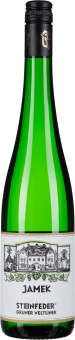 Grüne Weinflasche mit schwarzem Schraubverschluss. Das Etikett zeigt eine detaillierte Illustration eines Gebäudes mit verzierten Traubenmotiven.