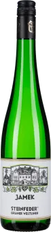 Grüne Weinflasche mit schwarzem Schraubverschluss. Das Etikett zeigt eine detaillierte Illustration eines Gebäudes mit verzierten Traubenmotiven.