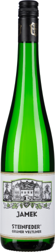 Grüne Weinflasche mit schwarzem Schraubverschluss. Das Etikett zeigt eine detaillierte Illustration eines Gebäudes mit verzierten Traubenmotiven.