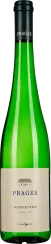 Grüne Weinflasche mit schwarzem Hals und goldener Schrift; schlichtes Etikett mit minimalistischem Design in Beige und Blau.