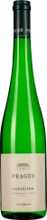 Grüne Weinflasche mit eleganter, schmaler Form, dunkelblauem Hals und einem beige Etikett mit minimalistischen Details.