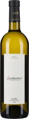 Klare Weinflasche mit schwarz-goldenem Hals und weißem Etikett.