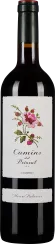 Rote Weinflasche mit elegantem Etikett, das eine stilisierte Blumenillustration in Rosa- und Grüntönen zeigt. Der Flaschenhals ist mit einer dunklen Kapsel verschlossen.