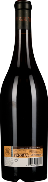 Dunkle Weinflasche mit schwarzem und bronzefarbenem Etikett, elegante Silhouette.