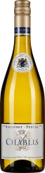 Die Weinflasche zeigt einen klaren, hellgelben Chablis mit einem goldenen Schraubverschluss. Das Etikett ist elegant in Weiß und Blau gestaltet, mit einem Wappen in der Mitte.