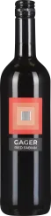 Dunkle Weinflasche mit schwarzem Schraubverschluss, minimalistisches Etikett in Rot- und Orangetönen mit geometrischem Muster.